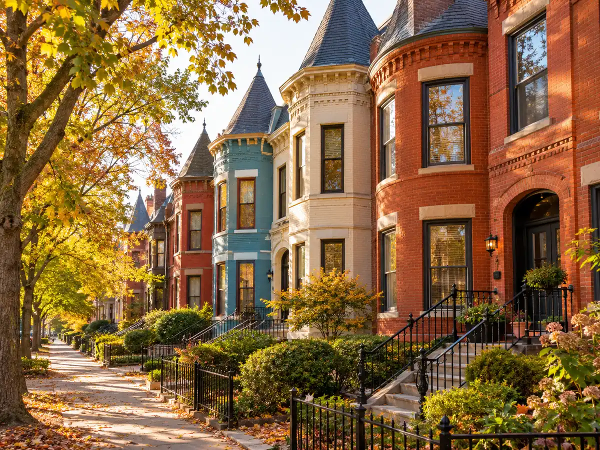 Casas adosadas victorianas de ladrillo restauradas en una calle arbolada de Washington bajo el sol de otoño